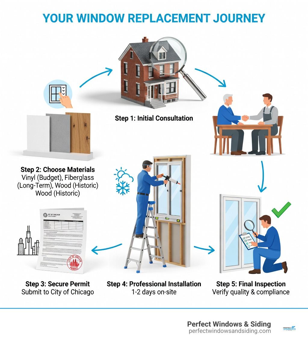 Window replacement process infographic: consultation, material selection, permit, installation, inspection - window Window replacement process infographic: consultation, material selection, permit, installation, inspection - window