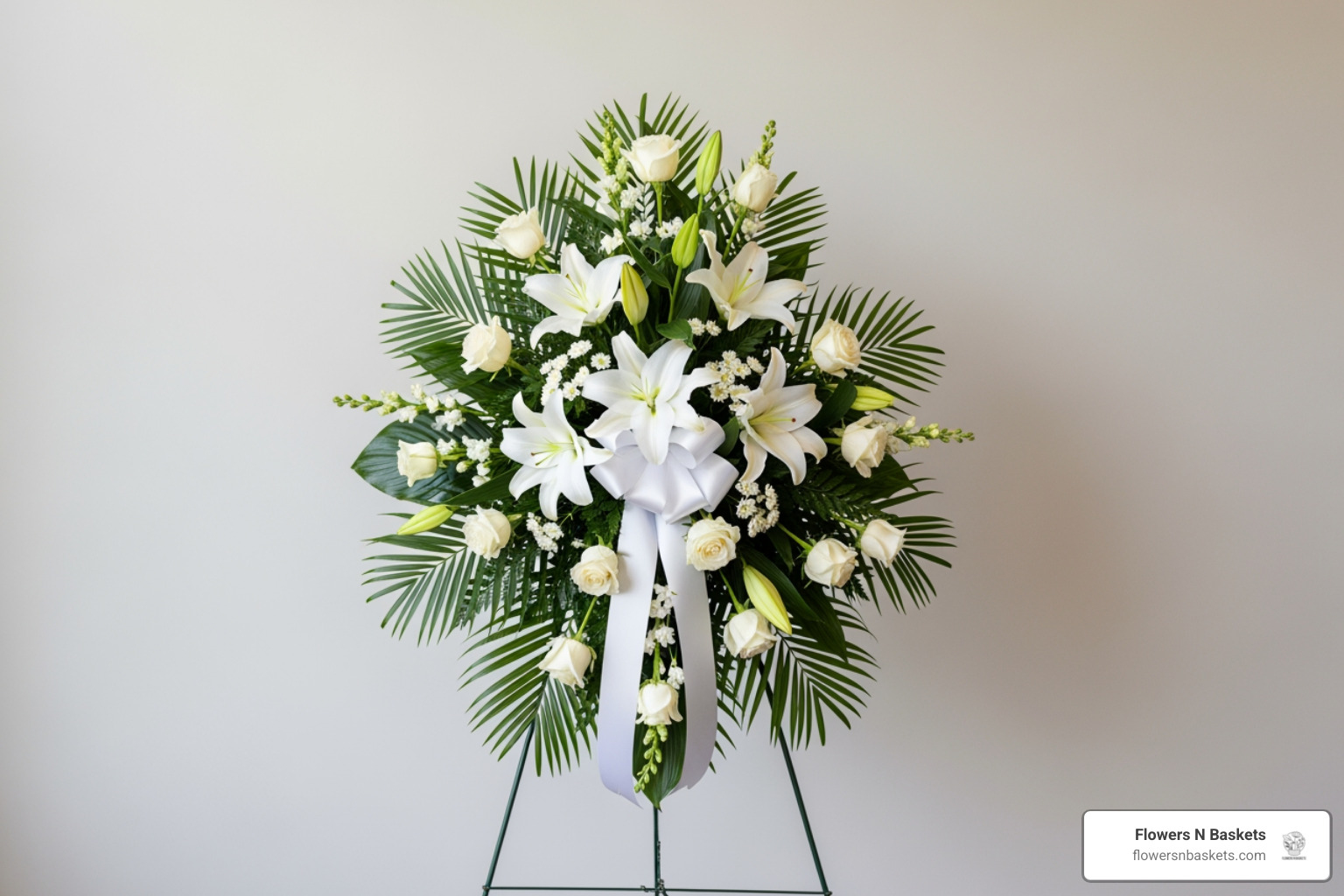 Professional standing spray on an easel with white lilies and roses - tampa funeral flowers Professional standing spray on an easel with white lilies and roses - tampa funeral flowers