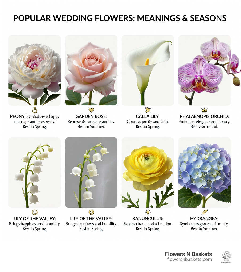 Infographic showing popular wedding flowers, their symbolic meanings, and best seasons for use - Elegant wedding flower