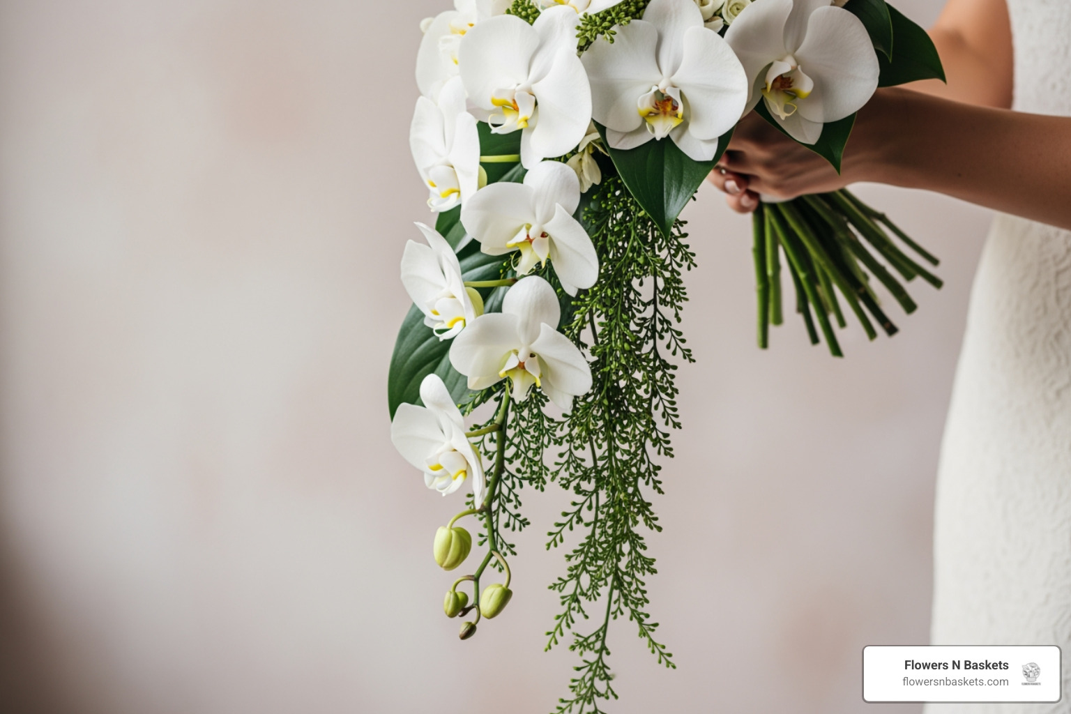 A dramatic cascading orchid arrangement featuring white phalaenopsis orchids and trailing greenery - Elegant wedding flower