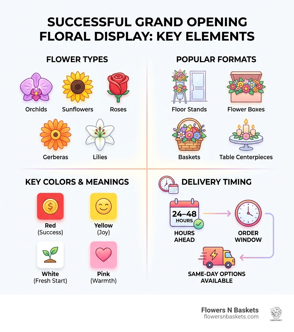 Infographic showing key elements of a successful grand opening floral display including flower types, colors, formats, and