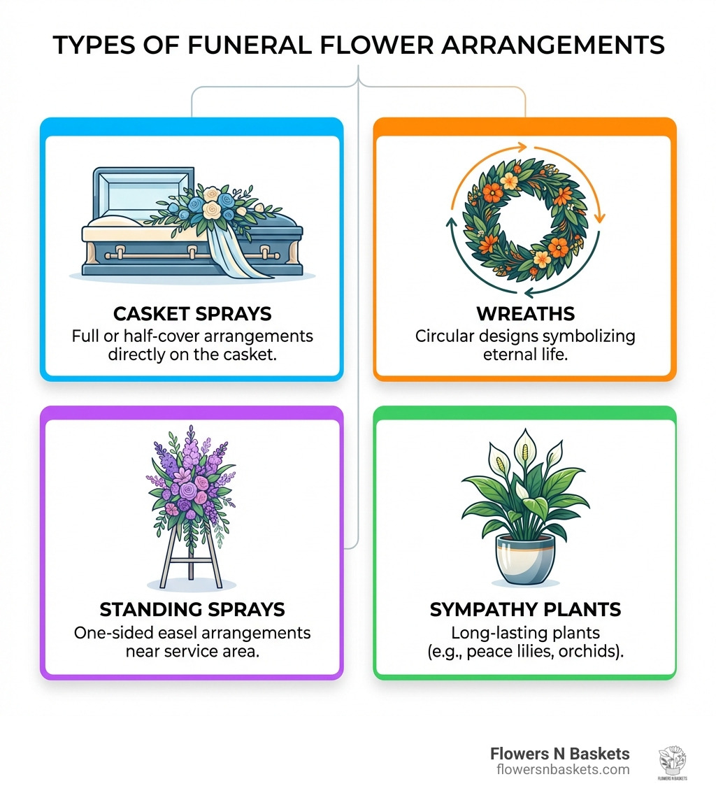 Types of funeral flower arrangements infographic showing casket sprays wreaths standing sprays sympathy plants - tampa Types of funeral flower arrangements infographic showing casket sprays wreaths standing sprays sympathy plants - tampa