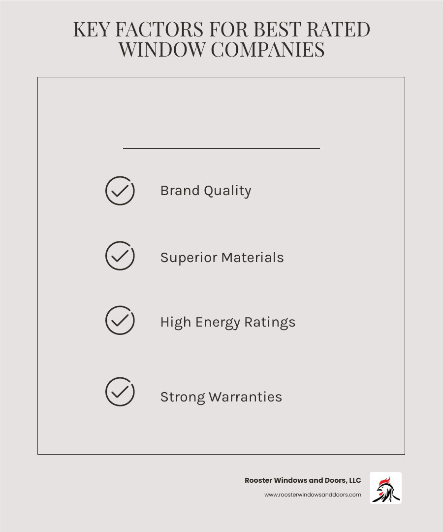 Infographic showing key factors for choosing best rated window companies: brand quality, materials, energy ratings
