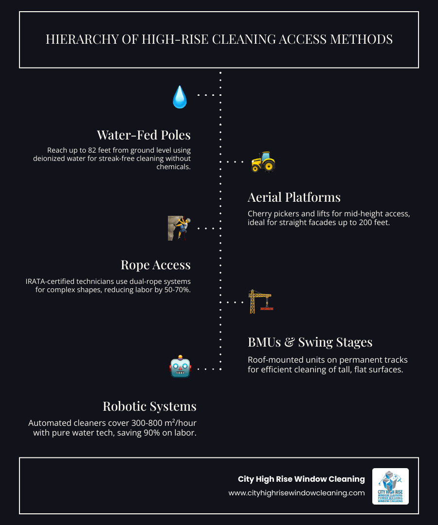 Hierarchy of high-rise building cleaning access methods from water-fed poles to rope access to BMUs to robotics - High rise Hierarchy of high-rise building cleaning access methods from water-fed poles to rope access to BMUs to robotics - High rise