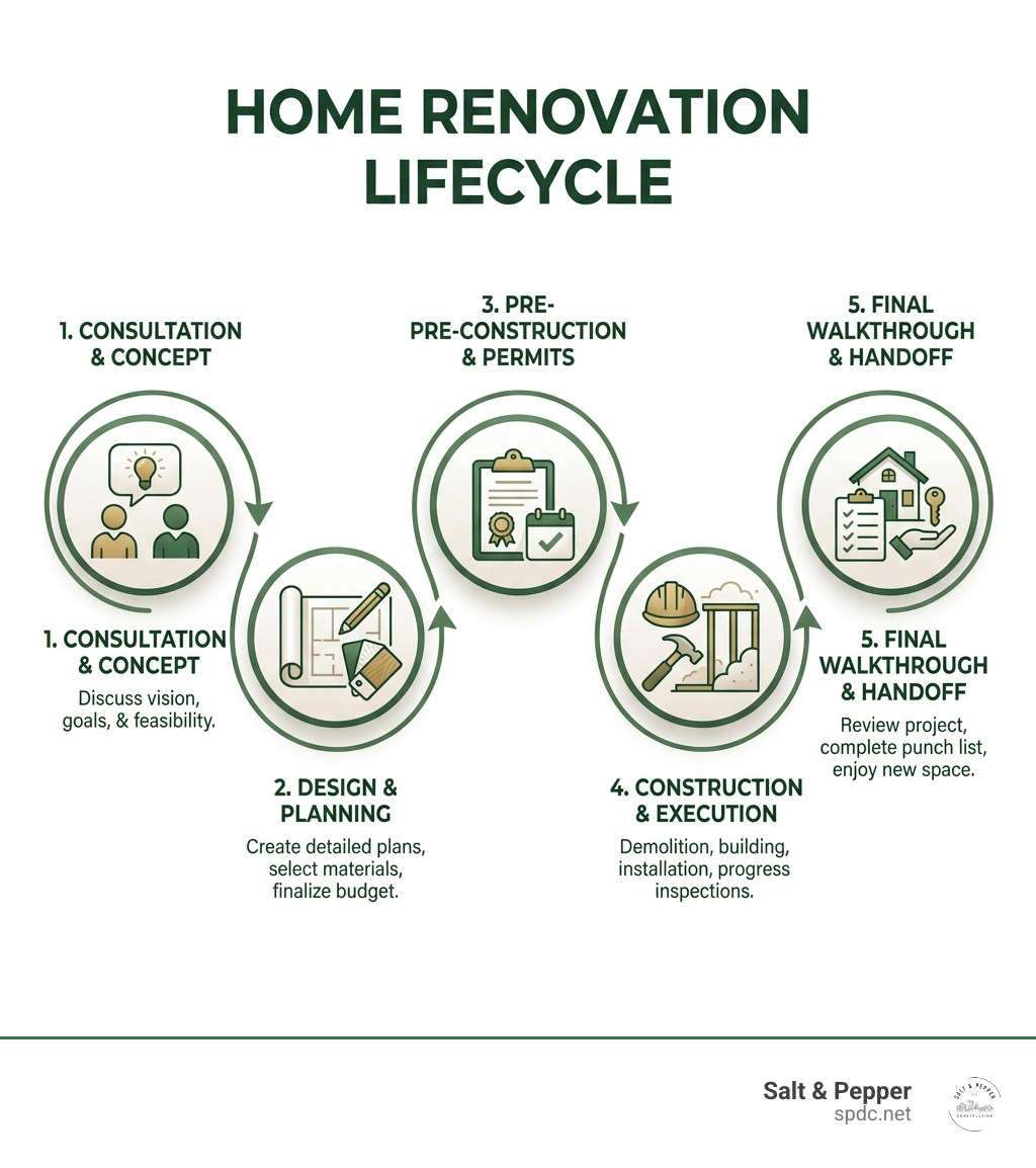 Home renovation lifecycle infographic from consultation to final walkthrough - house remodeling company infographic Home renovation lifecycle infographic from consultation to final walkthrough - house remodeling company infographic