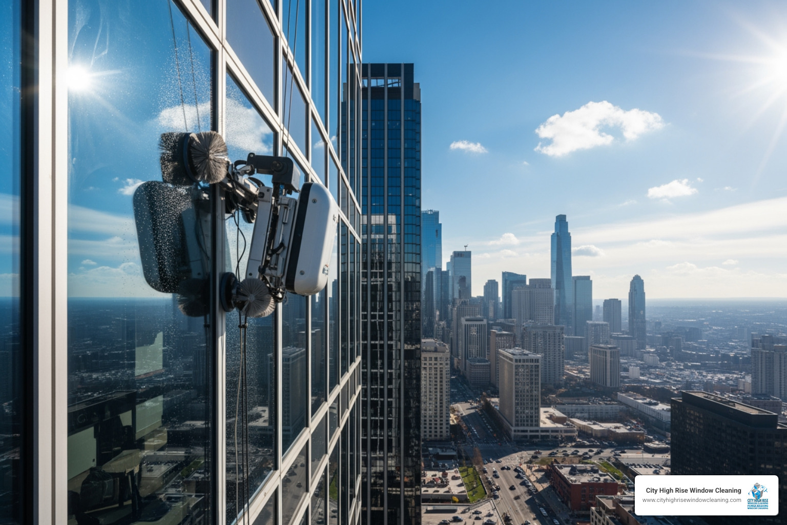 automated window cleaning robot on a glass facade - High rise building cleaning automated window cleaning robot on a glass facade - High rise building cleaning