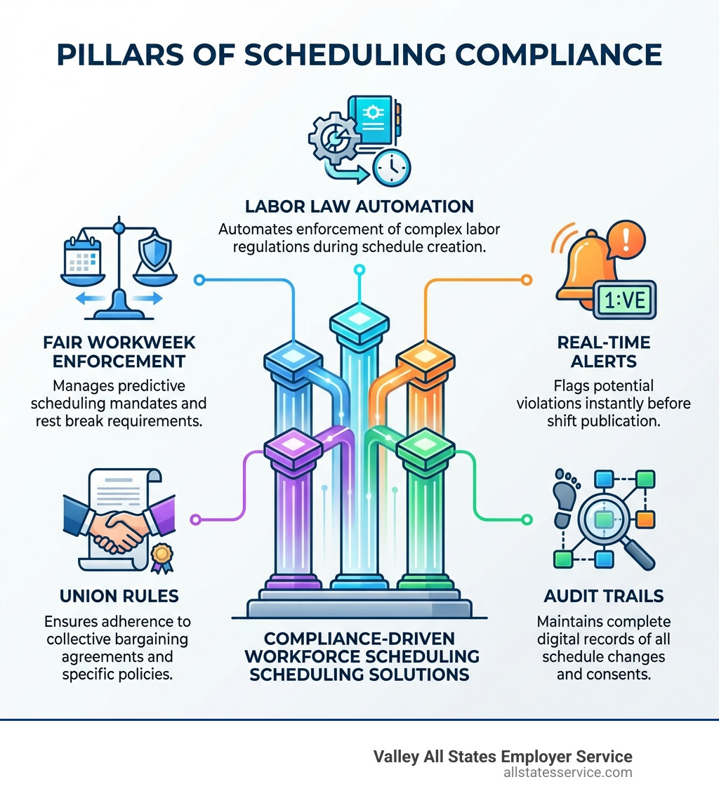 Pillars of scheduling compliance: labor law automation, real-time alerts, audit trails, union rules, Fair Workweek