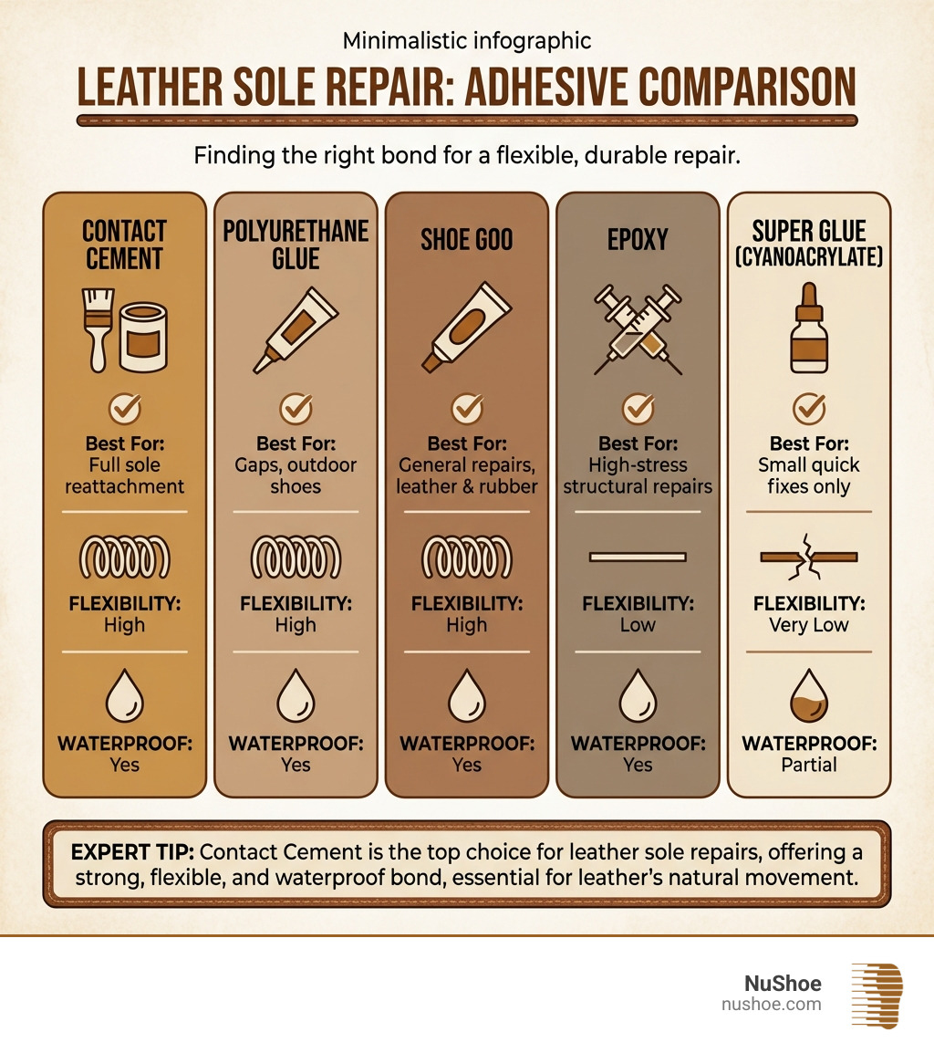 best adhesives for leather sole repair comparison infographic - shoe glue for leather soles infographic 