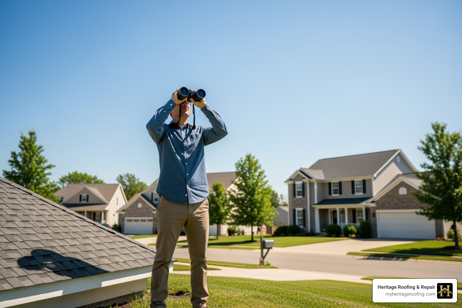 homeowner inspecting roof from ground with binoculars - storm damage roofing services