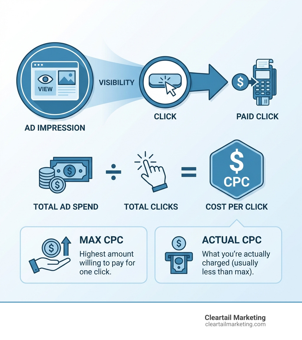 Infographic showing the journey from ad impression to paid click with CPC formula and key terms - cpc per click infographic Infographic showing the journey from ad impression to paid click with CPC formula and key terms - cpc per click infographic