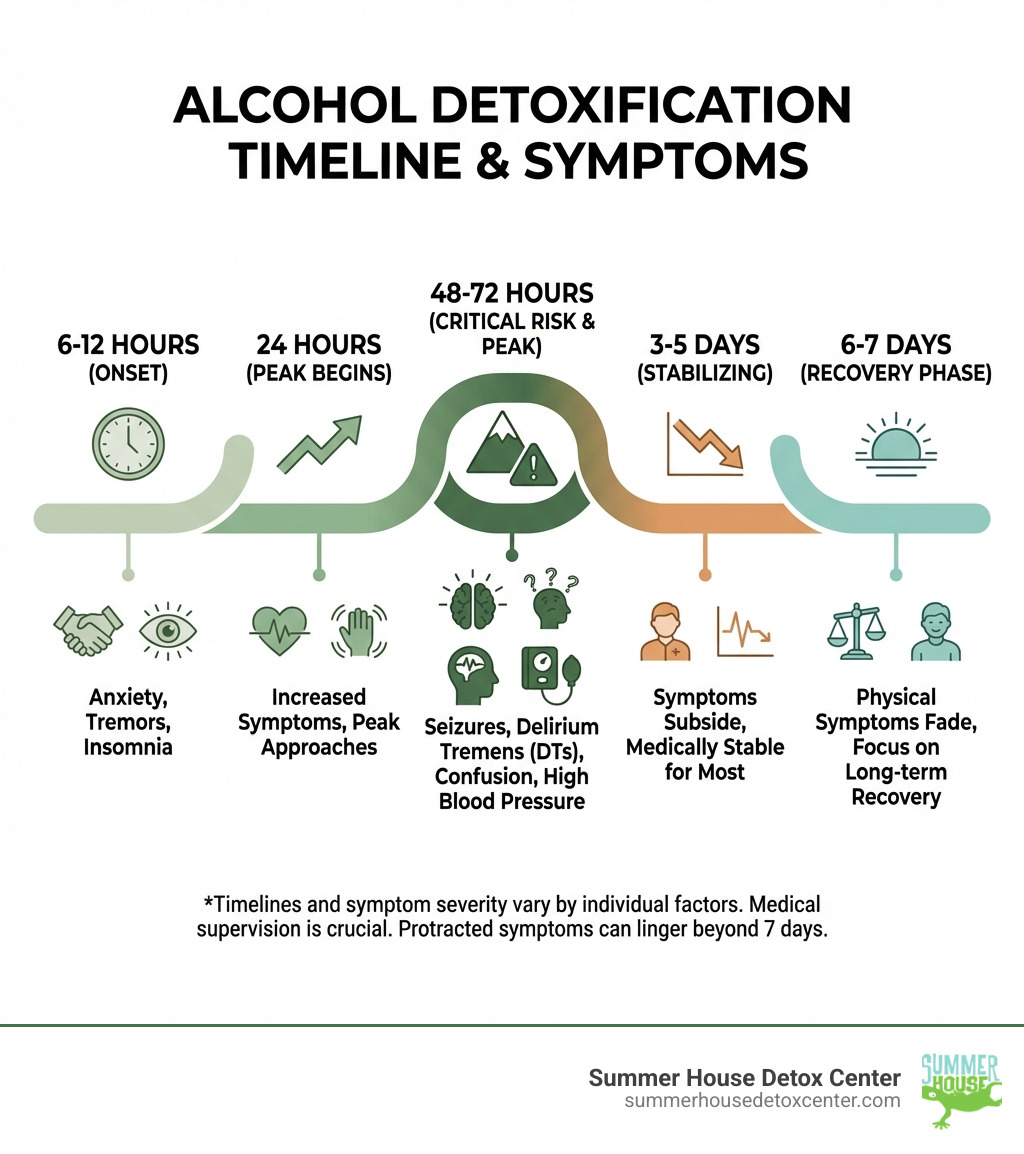 infographic showing stages of alcohol detoxification timeline from 6 hours to 7 days with symptoms at each stage - alcohol infographic showing stages of alcohol detoxification timeline from 6 hours to 7 days with symptoms at each stage - alcohol