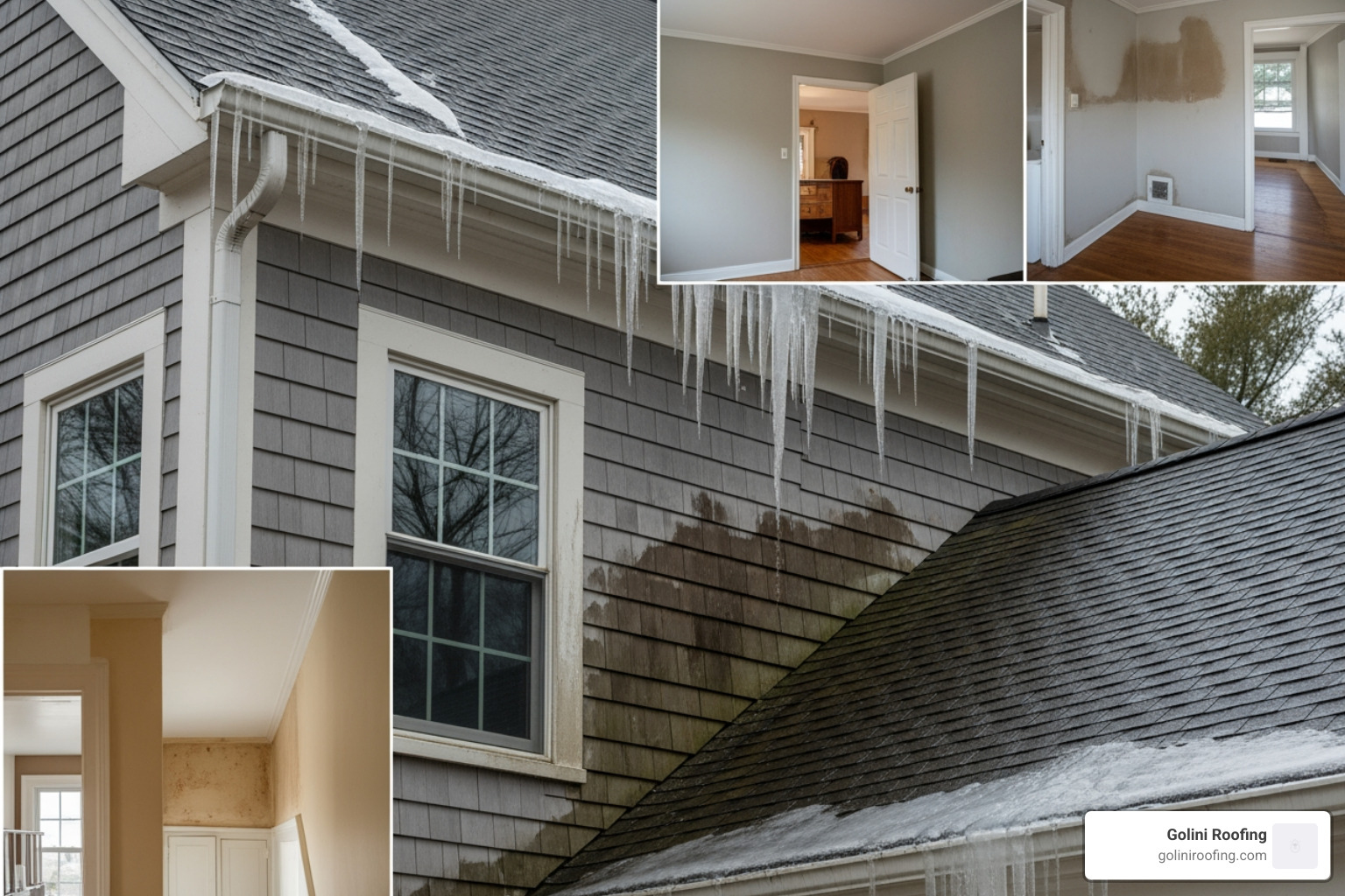 Ice dam damage on a North Shore home showing water stains and gutter issues - Roof Inspections Beverly MA Ice dam damage on a North Shore home showing water stains and gutter issues - Roof Inspections Beverly MA