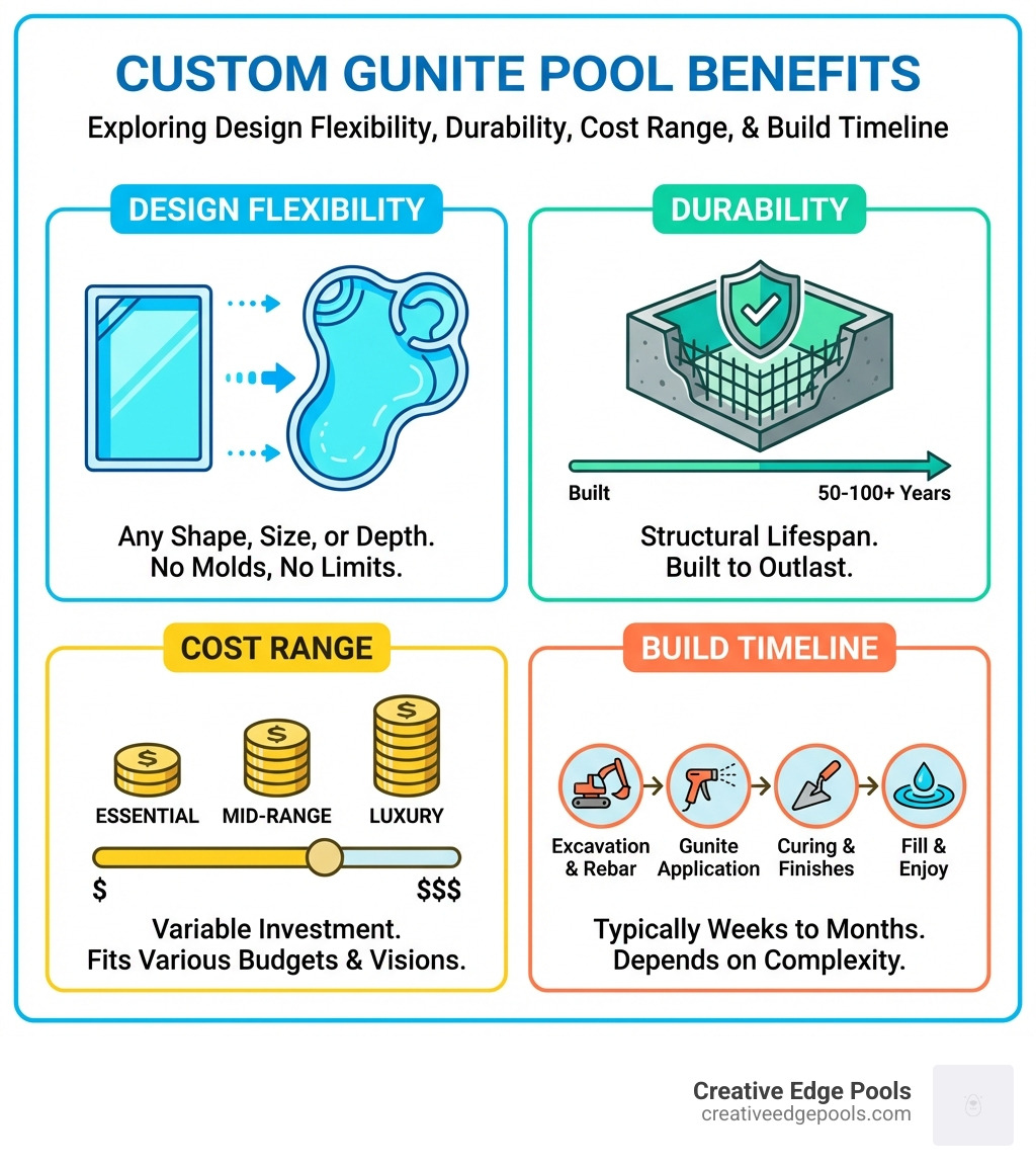 Custom gunite pool benefits infographic showing design flexibility, durability, cost range, and build timeline - Custom