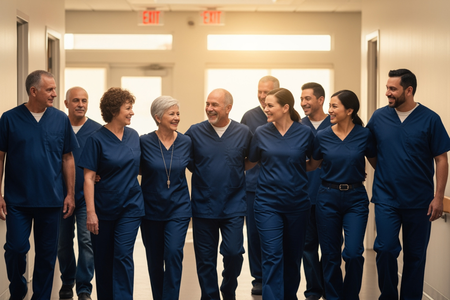 Diverse group of people in a supportive housing facility hallway in Los Angeles - emergency housing for veterans Diverse group of people in a supportive housing facility hallway in Los Angeles - emergency housing for veterans
