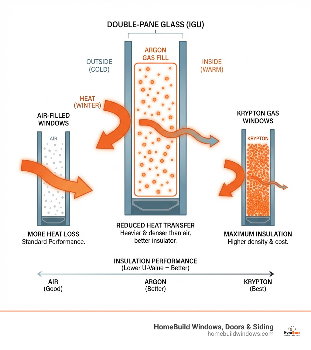 Infographic showing how argon gas traps heat between double-pane glass and compares to air-filled and krypton windows
