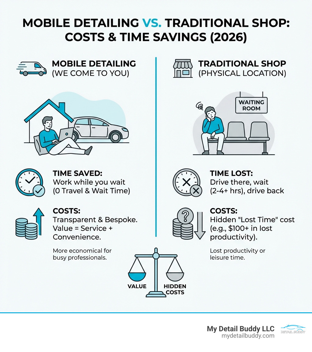 Comparison of mobile detailing vs traditional shop costs and time savings - mobile detailing near me prices infographic Comparison of mobile detailing vs traditional shop costs and time savings - mobile detailing near me prices infographic