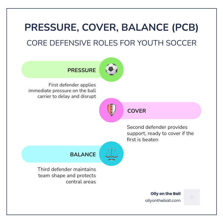Infographic showing Pressure Cover Balance triangle with defender roles and key coaching cues for youth soccer - defensive Infographic showing Pressure Cover Balance triangle with defender roles and key coaching cues for youth soccer - defensive