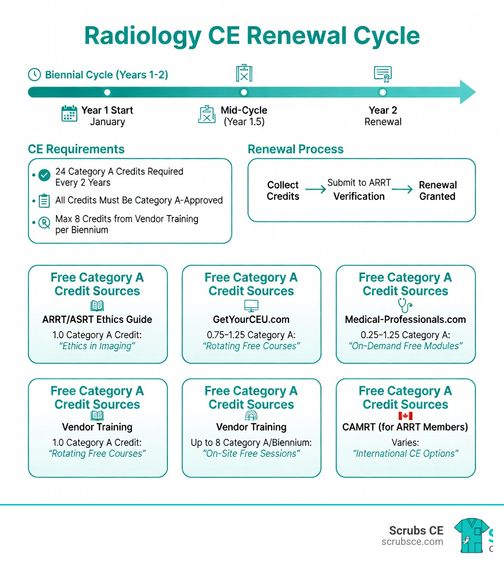 Radiology CE renewal cycle showing biennial requirements, Category A credits, and free credit sources - free ARRT credits Radiology CE renewal cycle showing biennial requirements, Category A credits, and free credit sources - free ARRT credits