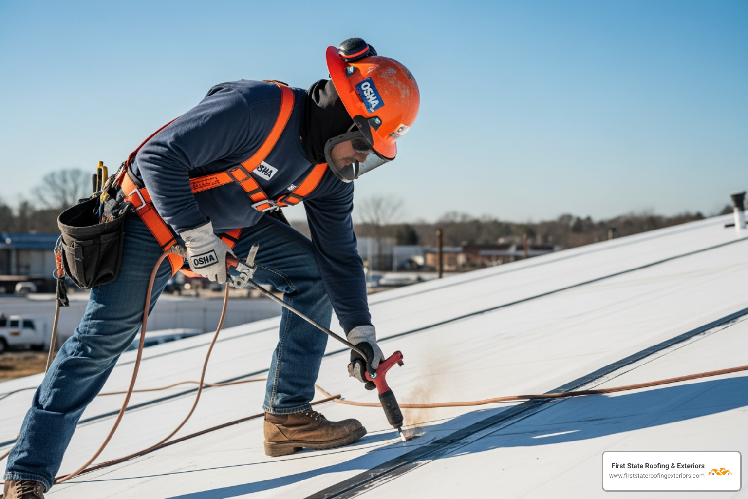 Expert roofer heat-welding a TPO seam on a flat roof while wearing an OSHA-compliant safety harness - flat roof specialists Expert roofer heat-welding a TPO seam on a flat roof while wearing an OSHA-compliant safety harness - flat roof specialists