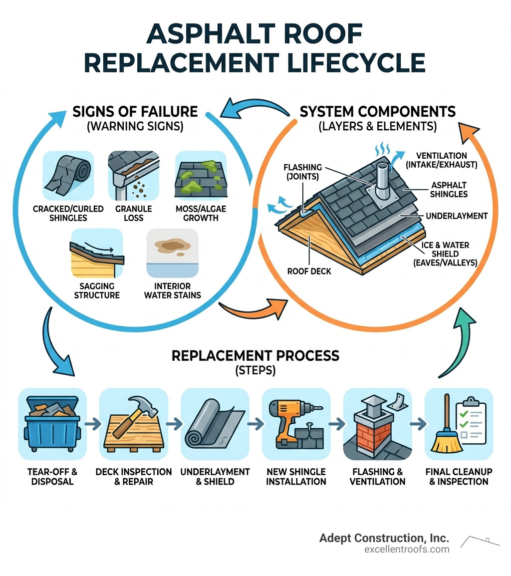 Asphalt roof replacement lifecycle infographic showing signs of failure, replacement process, and system components