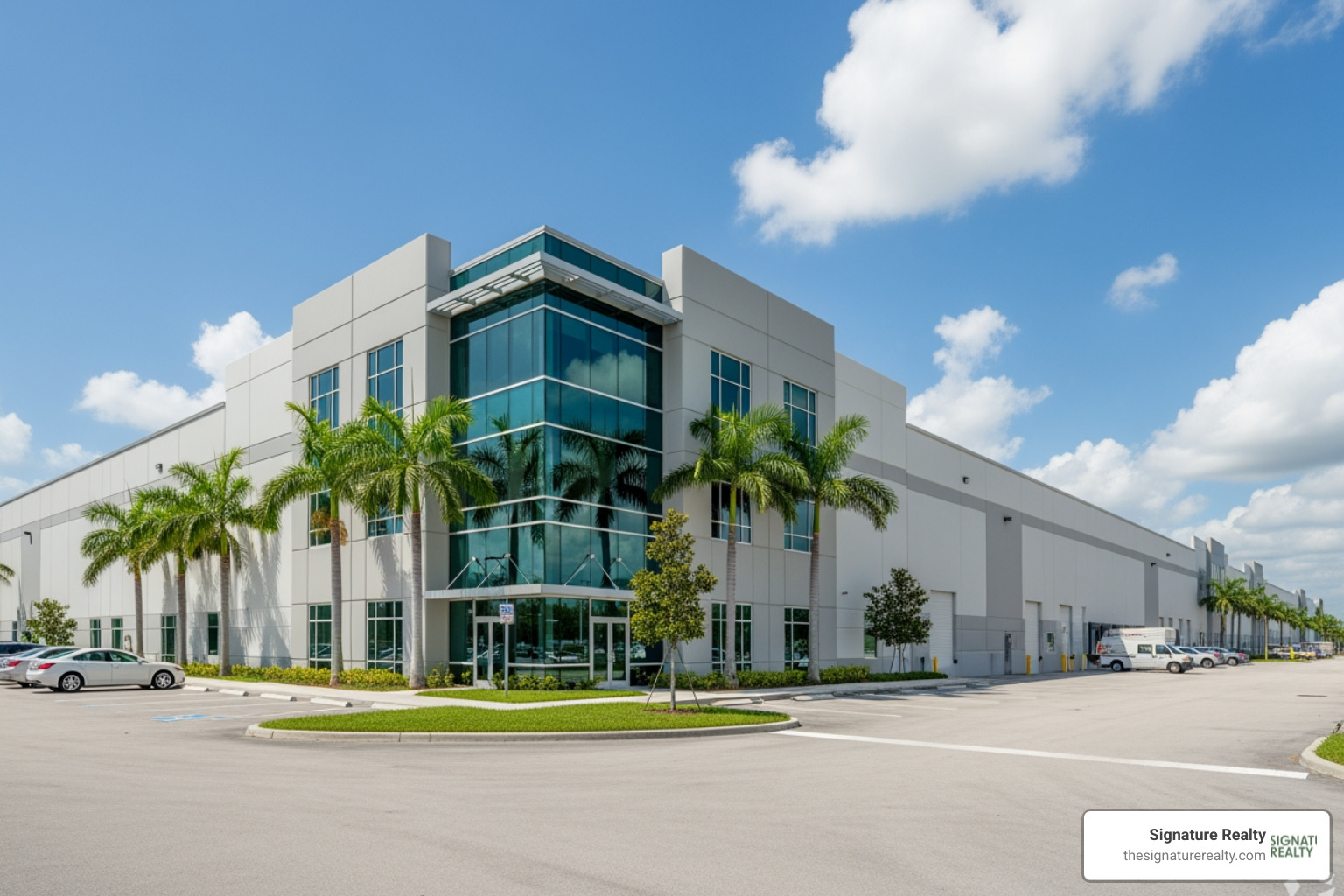 Exterior view of a modern industrial flex building in Medley with glass office fronts and warehouse bays - industrial flex Exterior view of a modern industrial flex building in Medley with glass office fronts and warehouse bays - industrial flex