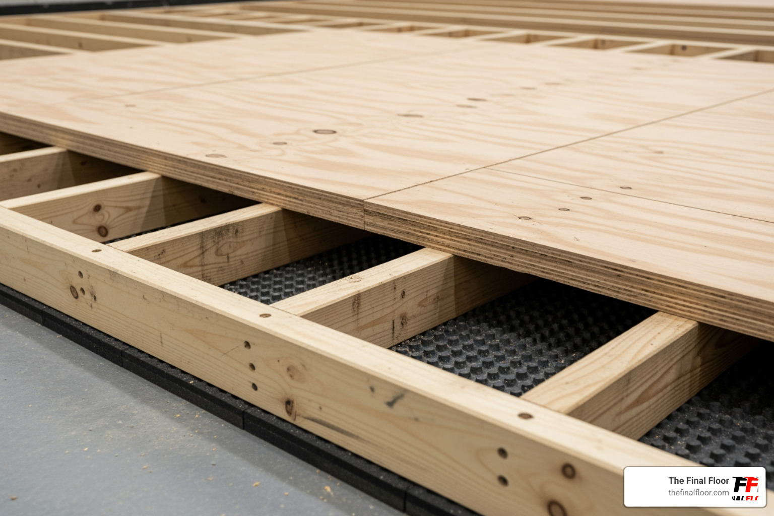 A sleeper subfloor system showing the wooden supports and rubber cushioning pads - basketball wood floor A sleeper subfloor system showing the wooden supports and rubber cushioning pads - basketball wood floor
