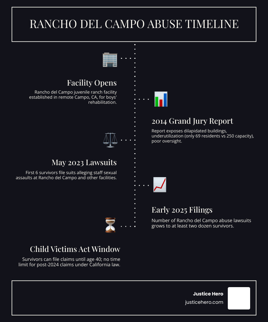 Timeline of California Child Victims Act and Rancho del Campo abuse lawsuit milestones - rancho del campo infographic