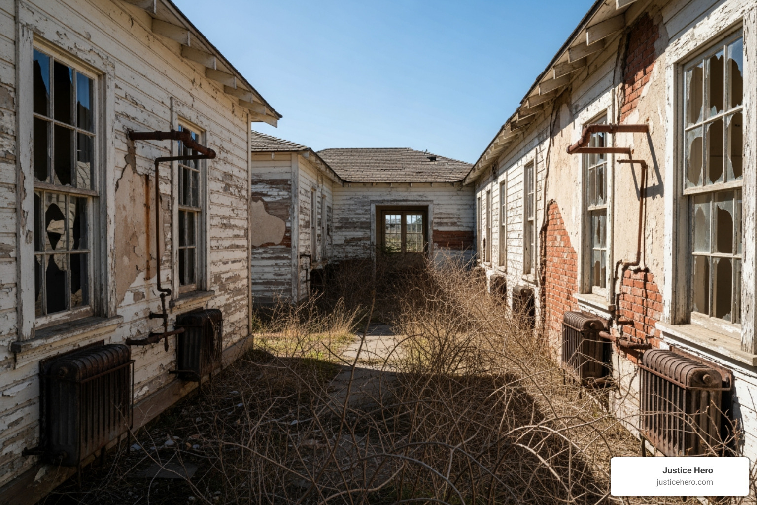 Historic dilapidated buildings at Rancho del Campo showing maintenance issues - rancho del campo