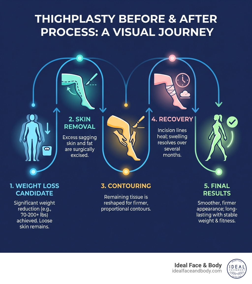 Infographic showing thighplasty before and after process: weight loss candidate, skin removal, contouring, recovery, and Infographic showing thighplasty before and after process: weight loss candidate, skin removal, contouring, recovery, and
