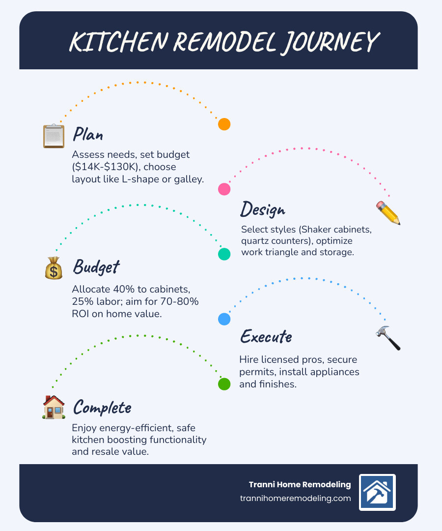 Infographic showing the kitchen remodel journey from planning to completion with costs and key decisions - kitchen remodels Infographic showing the kitchen remodel journey from planning to completion with costs and key decisions - kitchen remodels