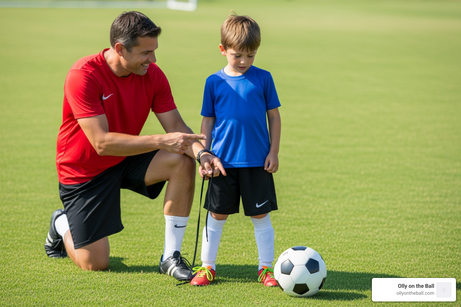 A coach demonstrating proper shooting form to a young player - elite private soccer coaching A coach demonstrating proper shooting form to a young player - elite private soccer coaching