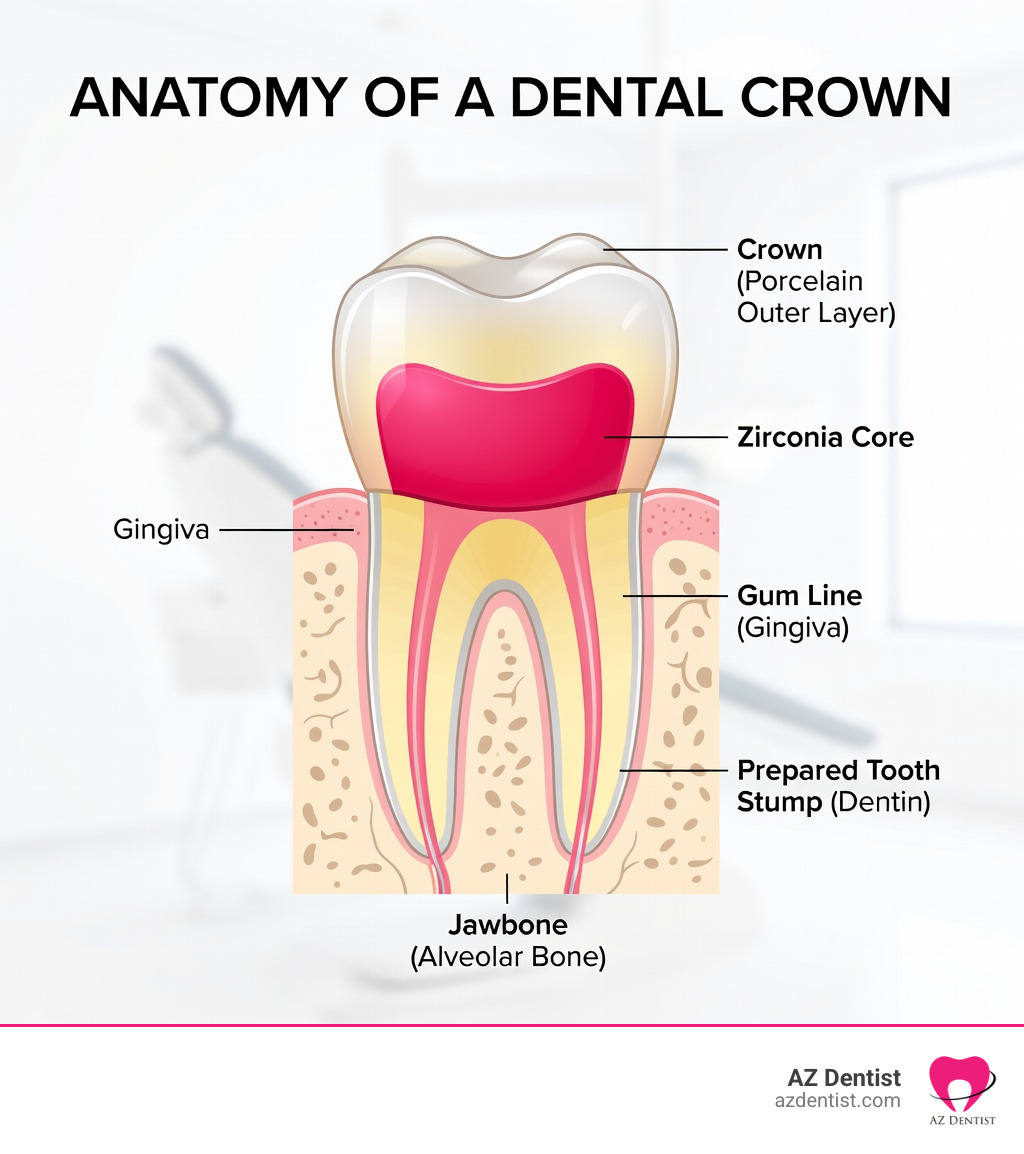 Anatomy of a dental crown showing how it fits over a natural tooth above the gum line - dental crown specialist infographic Anatomy of a dental crown showing how it fits over a natural tooth above the gum line - dental crown specialist infographic