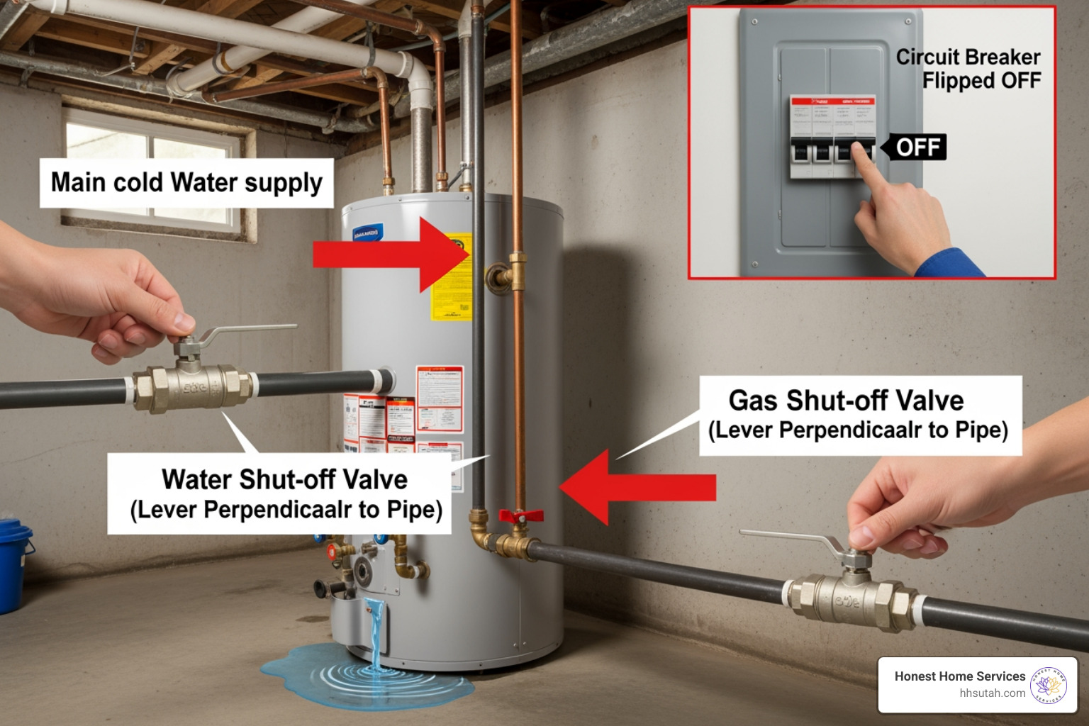 Diagram showing how to safely shut off water and power to a leaking heater - broken water heater Diagram showing how to safely shut off water and power to a leaking heater - broken water heater