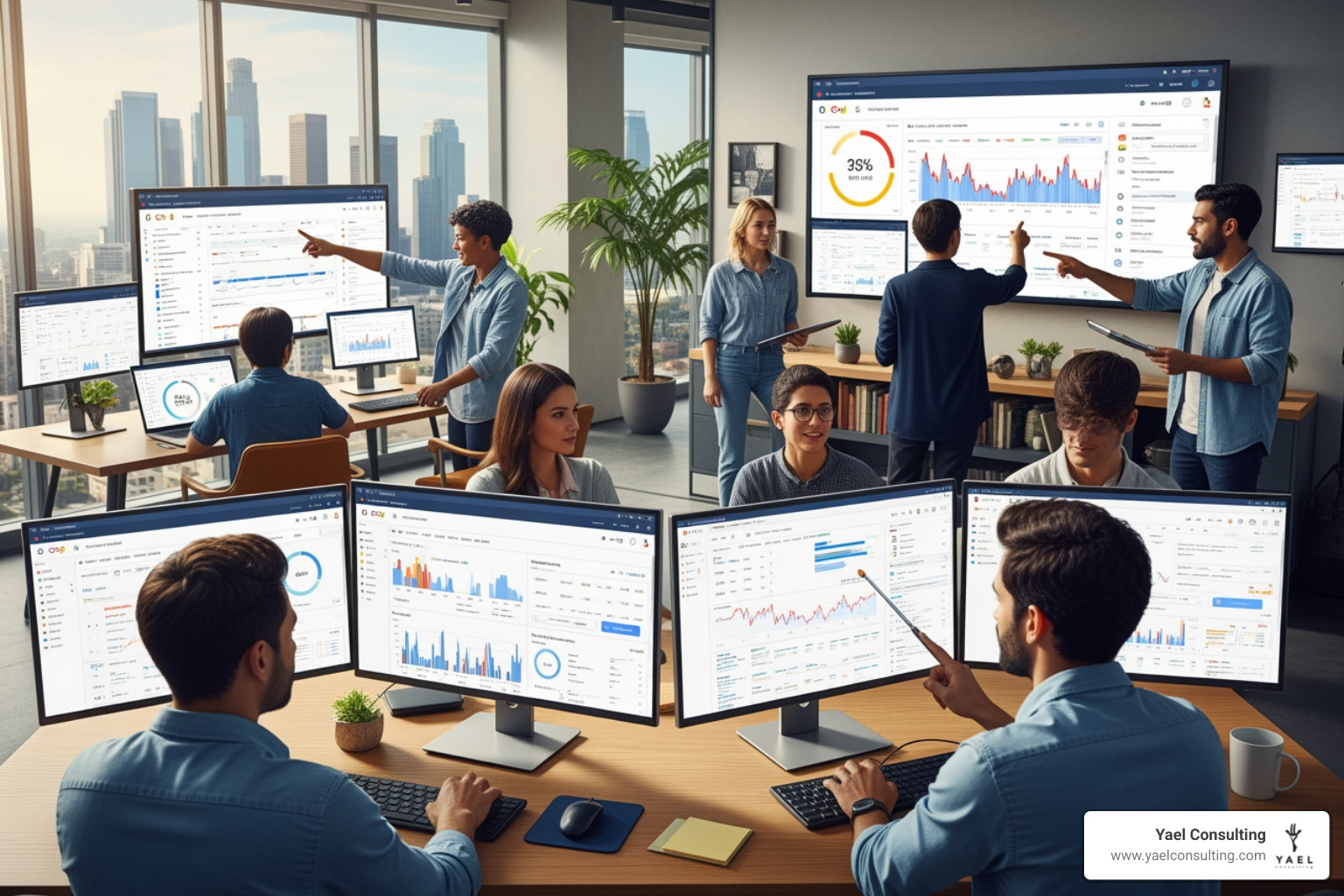 Digital marketing team analyzing real-time campaign data on multiple screens - google ads agency los angeles Digital marketing team analyzing real-time campaign data on multiple screens - google ads agency los angeles