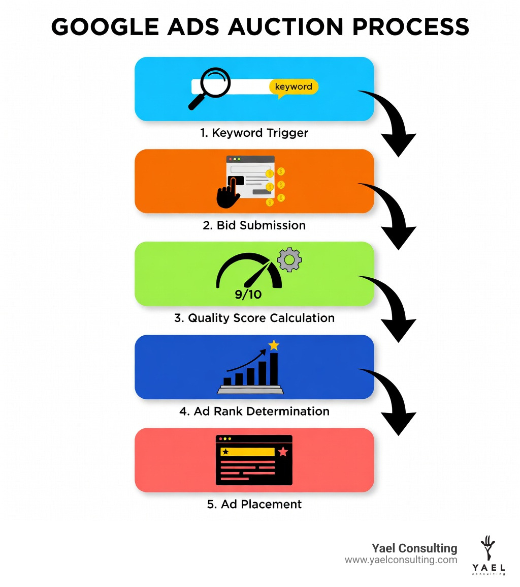 Infographic showing Google Ads auction process steps: keyword trigger, bid submission, quality score calculation, ad rank