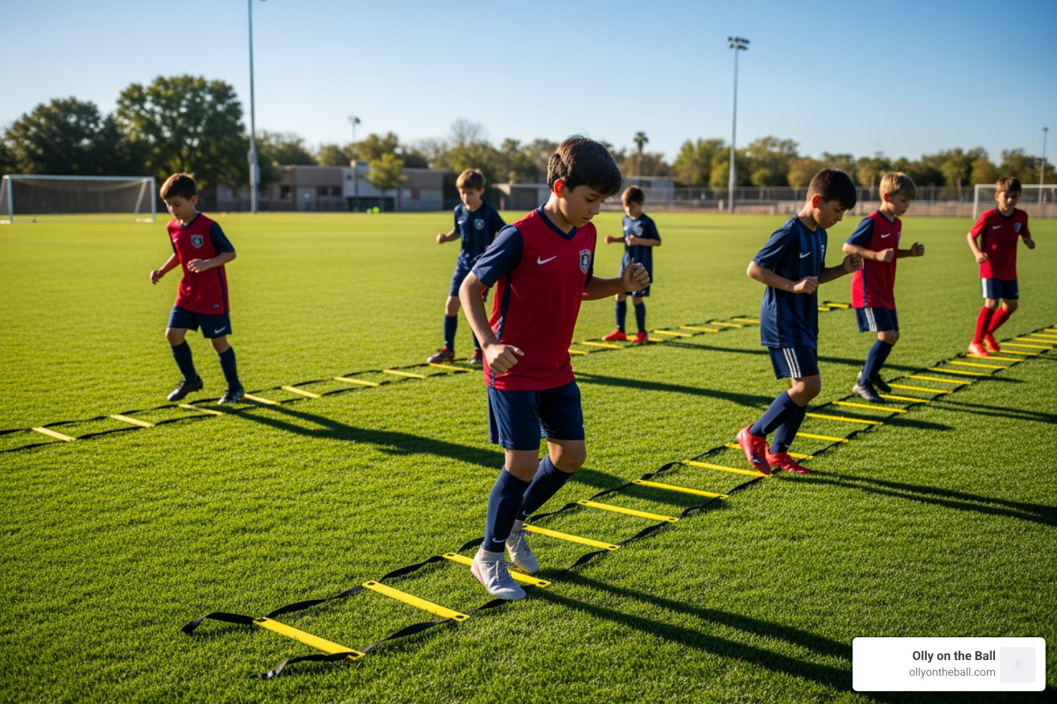 youth soccer agility ladder drills on a grass field - tryouts preparation soccer youth
