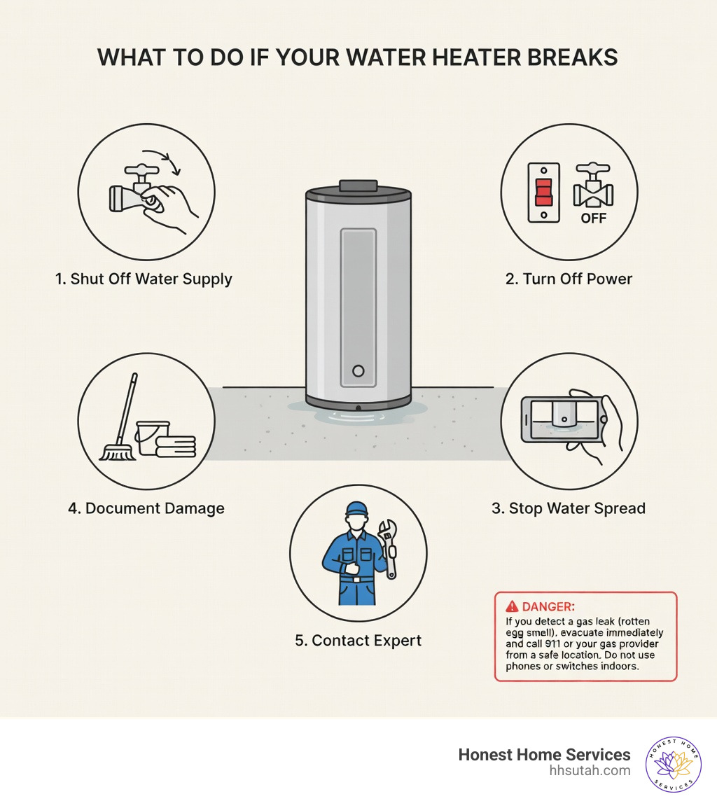 Infographic showing immediate steps to take for a broken water heater with safety tips - broken water heater infographic Infographic showing immediate steps to take for a broken water heater with safety tips - broken water heater infographic