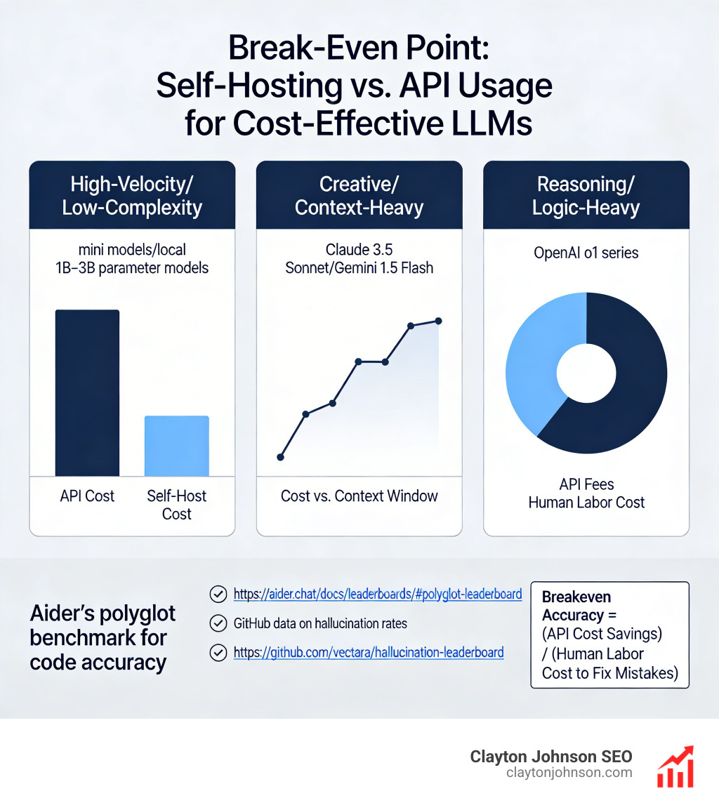 infographic showing the break-even point where self-hosting becomes cheaper than API usage - How choose cost effective LLMs