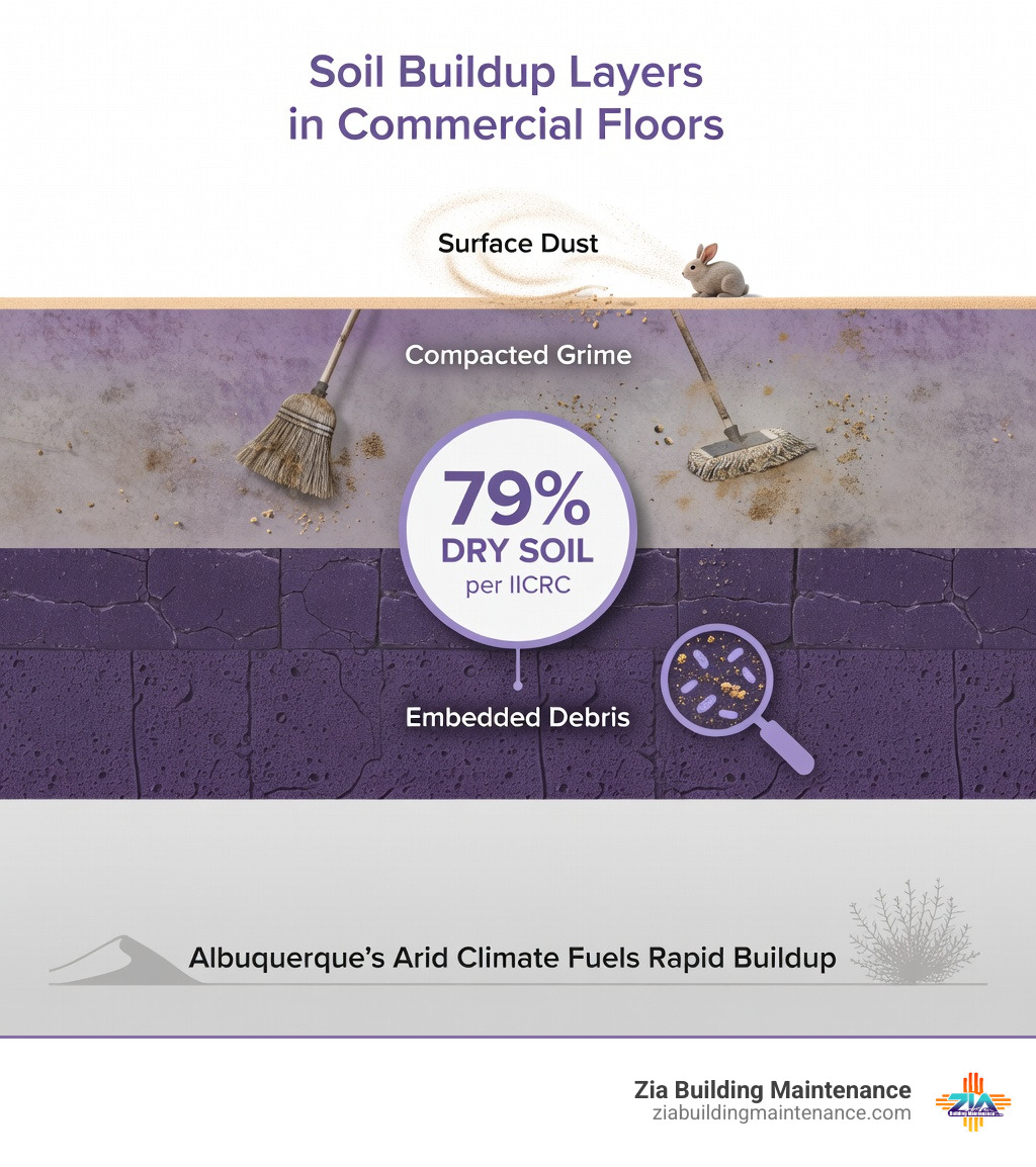 Infographic showing soil buildup layers in commercial floors and the 79% dry soil statistic from IICRC - floor cleaning Infographic showing soil buildup layers in commercial floors and the 79% dry soil statistic from IICRC - floor cleaning