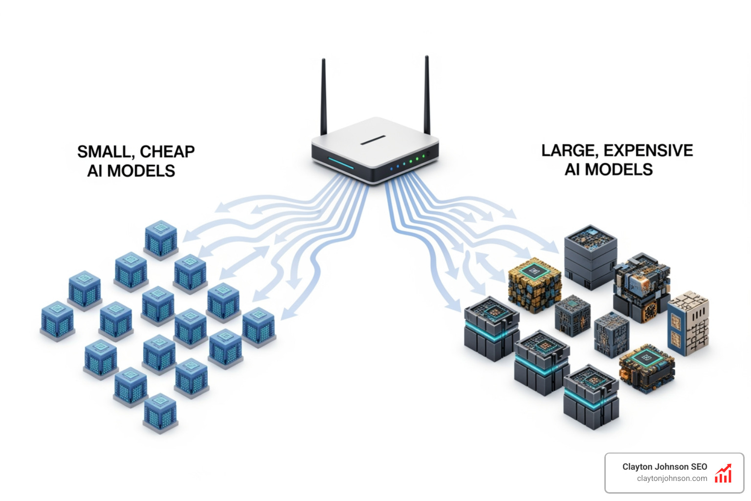 hybrid AI architecture showing a router directing traffic between small and large models - How choose cost effective LLMs
