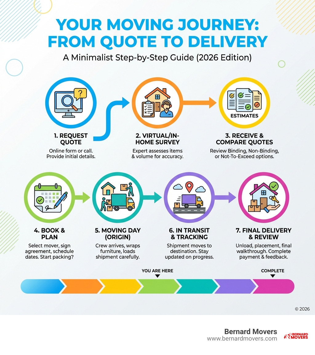 Step-by-step moving journey infographic from quote request to final delivery - moving quote infographic 