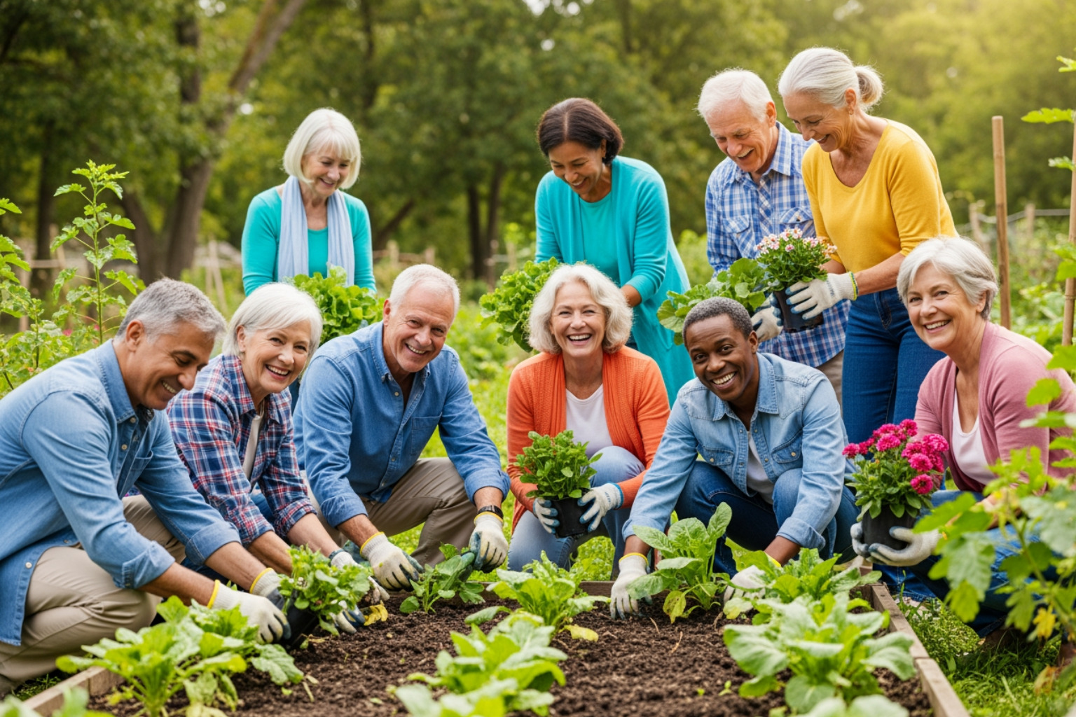 Diverse group of seniors working together in a lush community garden - cheap retirement homes Diverse group of seniors working together in a lush community garden - cheap retirement homes
