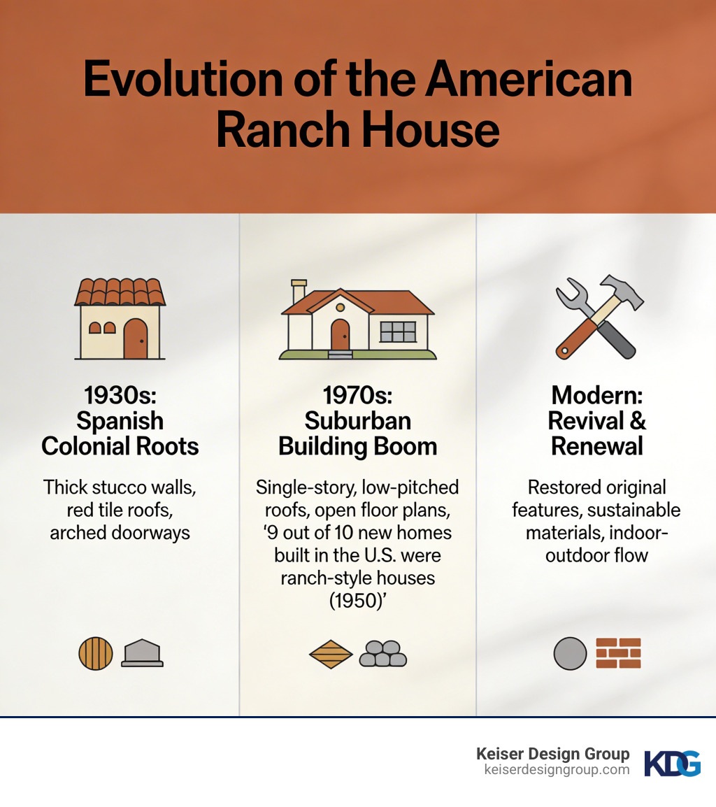 Evolution of the American ranch house from 1930s Spanish Colonial roots to 1970s suburban boom and modern revival - mid Evolution of the American ranch house from 1930s Spanish Colonial roots to 1970s suburban boom and modern revival - mid