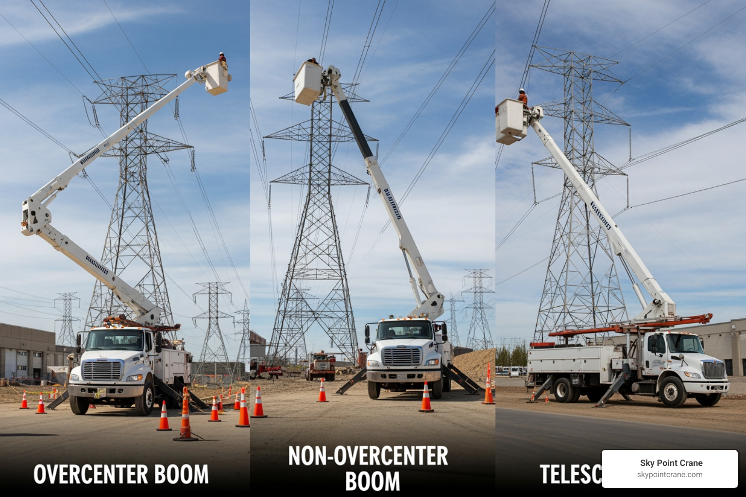 Comparison of different boom designs: overcenter, non-overcenter, and telescopic - high reach bucket truck