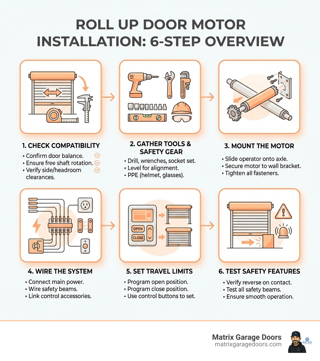 Step-by-step overview infographic of the roll up door motor installation process - roll up door motor installation