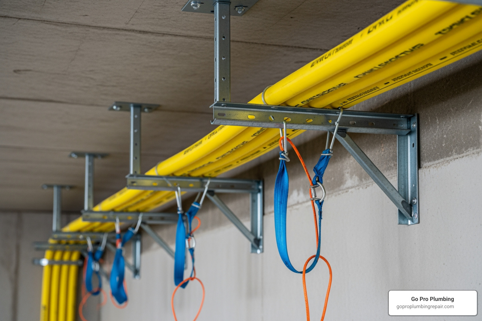 Installation of flexible gas piping showing proper support and grounding - gas line service Installation of flexible gas piping showing proper support and grounding - gas line service