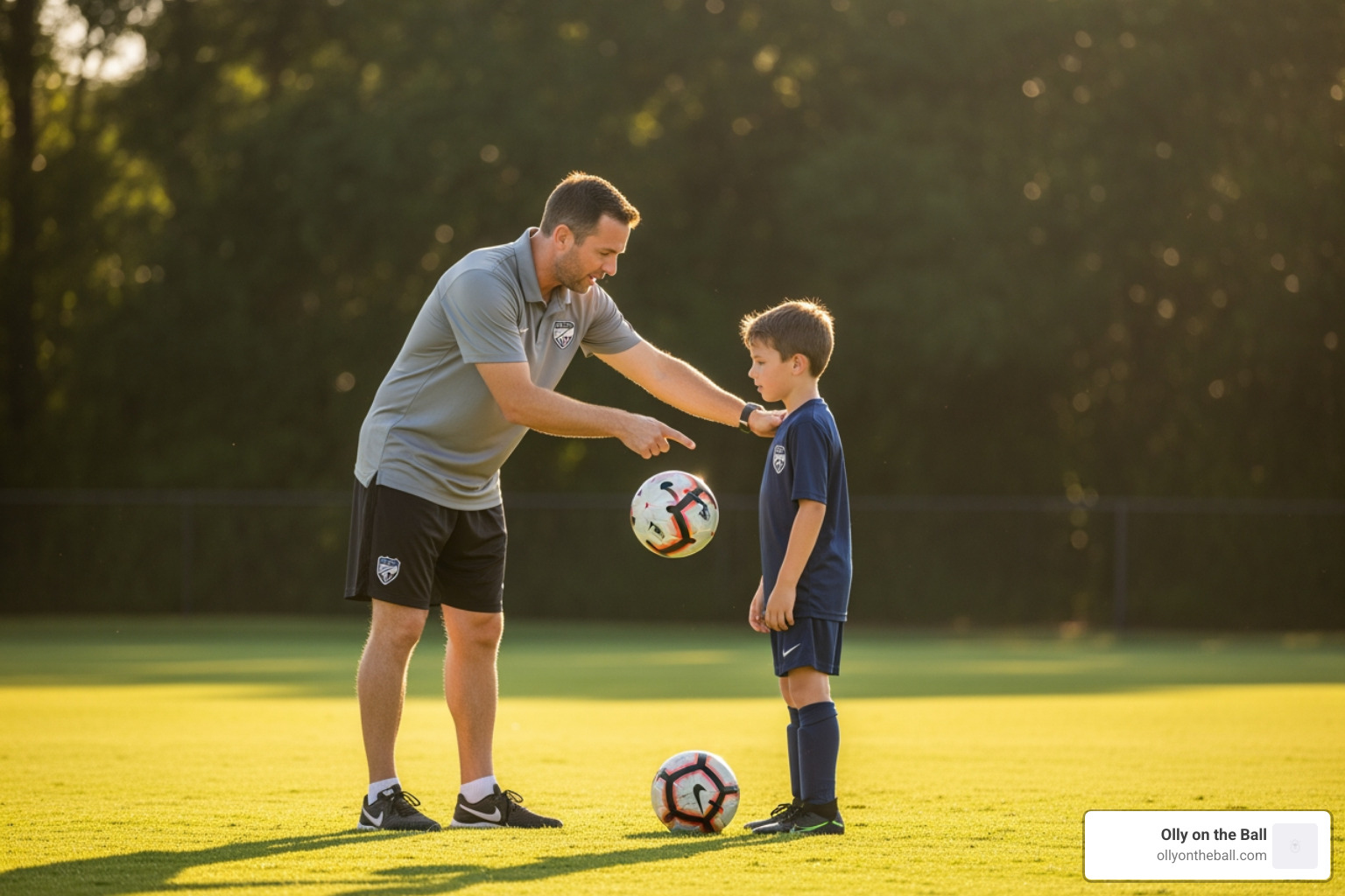 Coach providing immediate feedback to a young player during a technical drill - one on one soccer coaching Coach providing immediate feedback to a young player during a technical drill - one on one soccer coaching