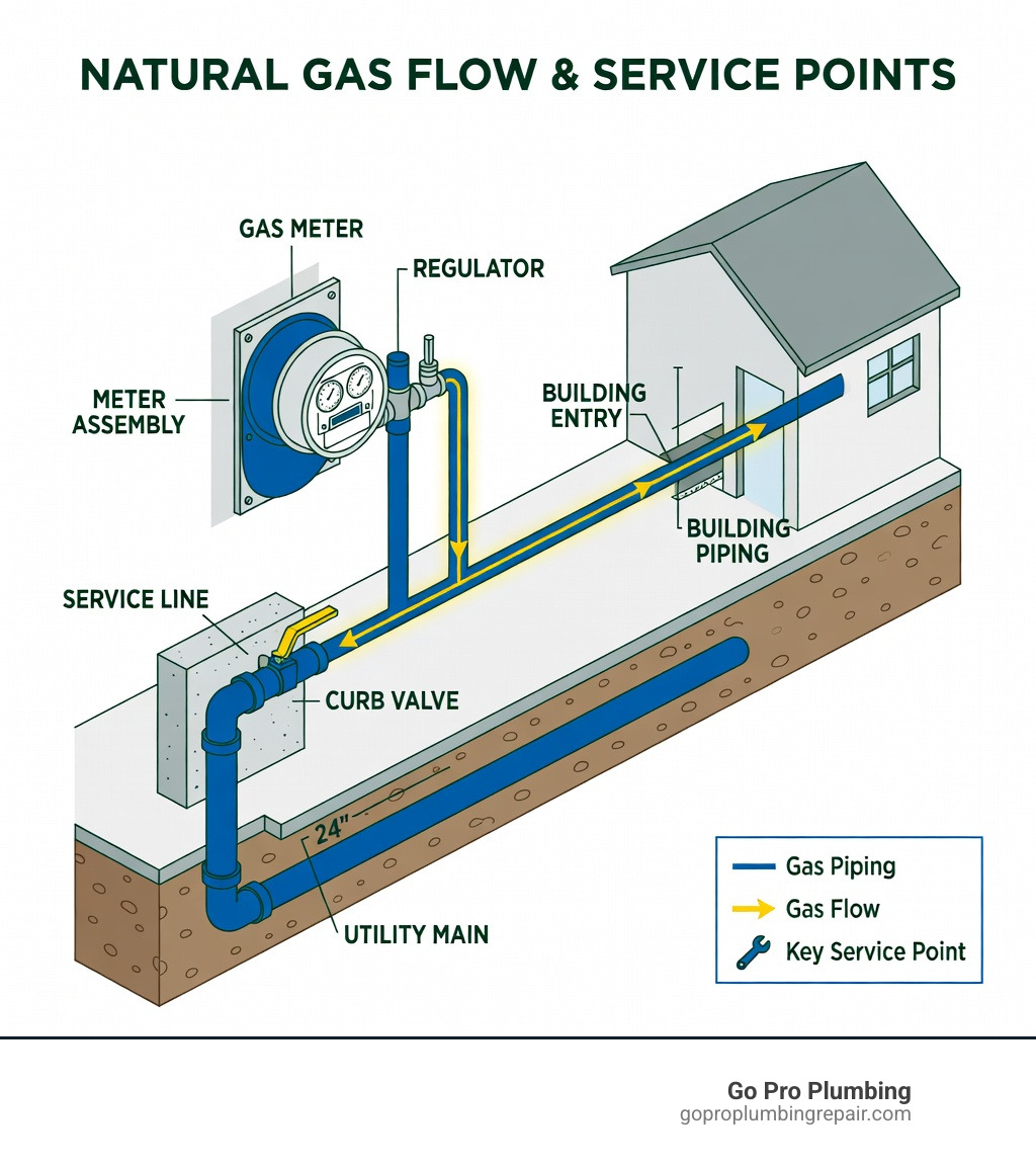 Flow of natural gas from utility main to building meter with key service points labeled - gas line service infographic Flow of natural gas from utility main to building meter with key service points labeled - gas line service infographic