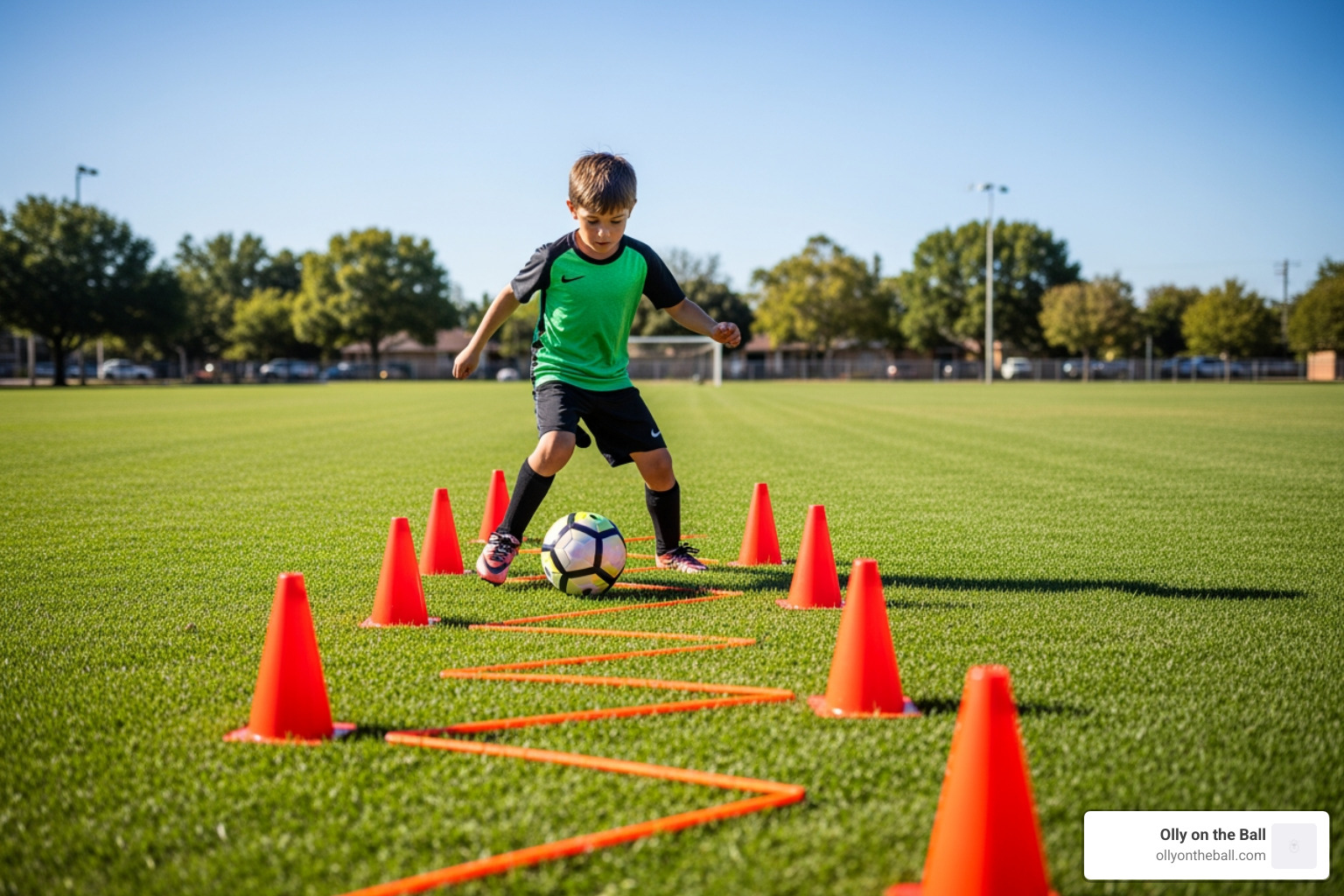 A young player practicing zig-zag dribbling through orange cones on a green field - soccer skill development