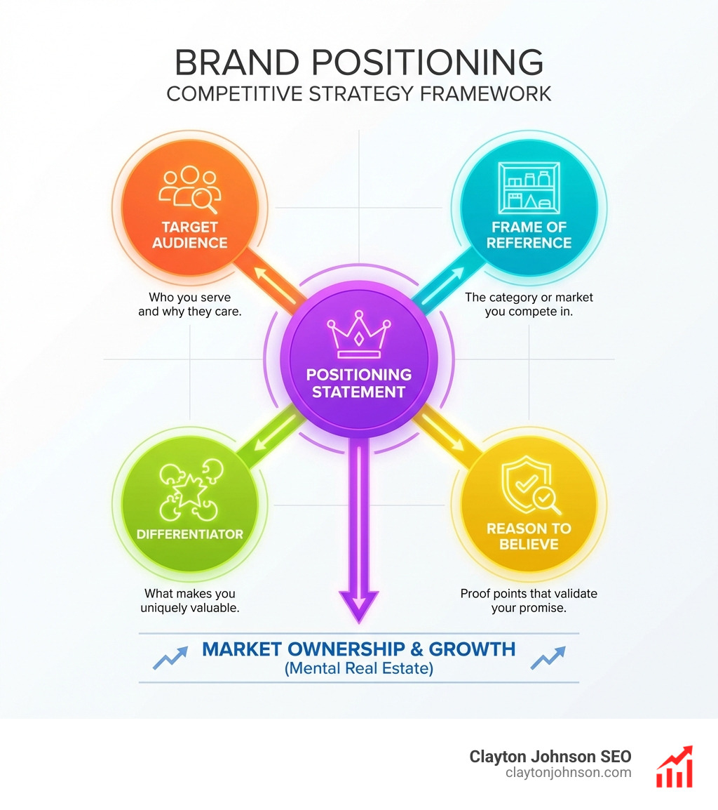 Brand positioning competitive strategy framework: target audience, frame of reference, differentiator, reason to believe Brand positioning competitive strategy framework: target audience, frame of reference, differentiator, reason to believe